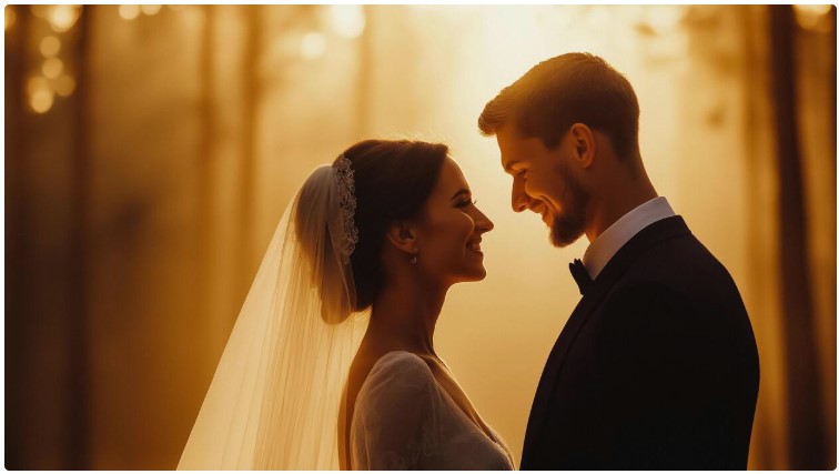 A bride and groom sharing a tender moment at golden hour